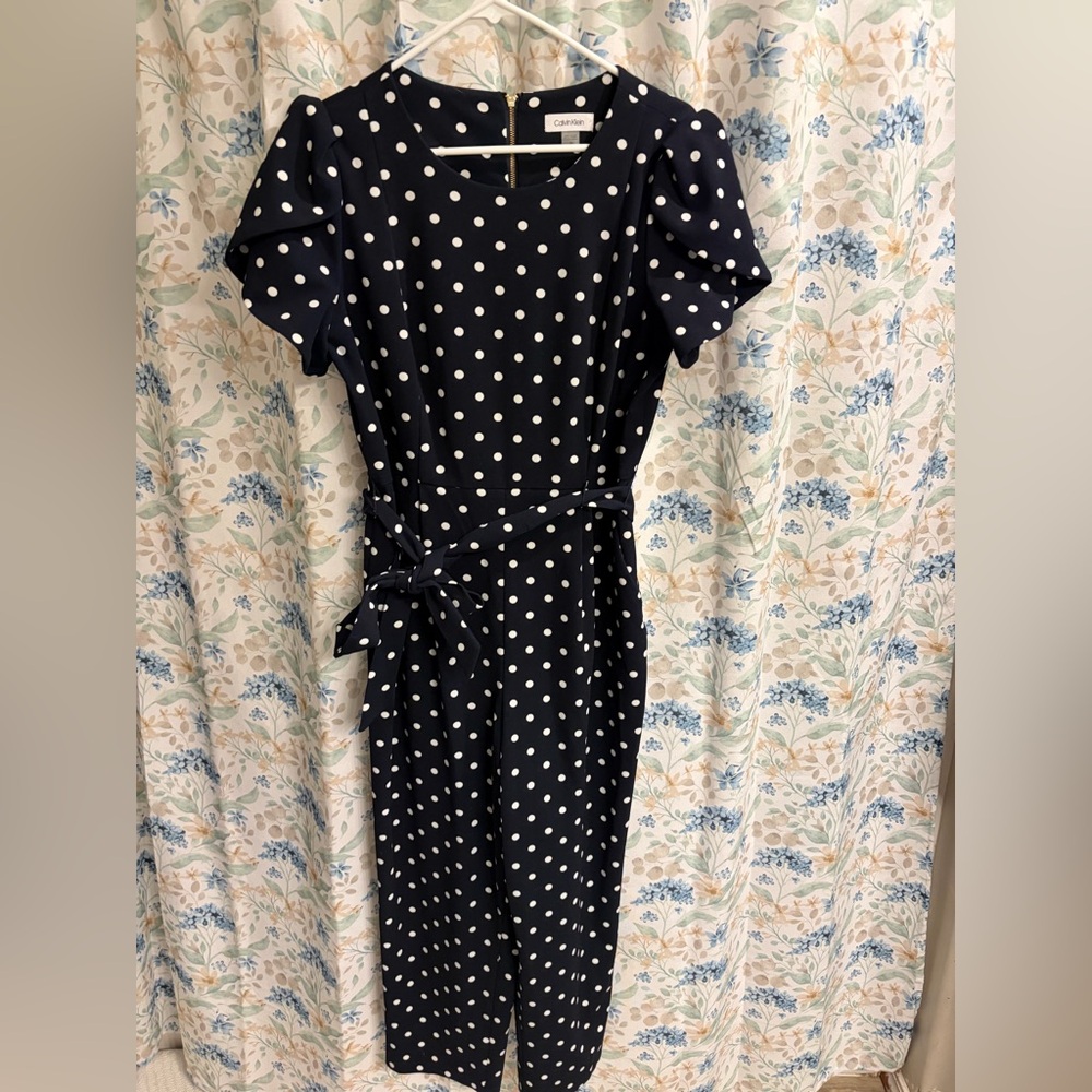 Calvin Klein blue & white polkadot jumpsuit